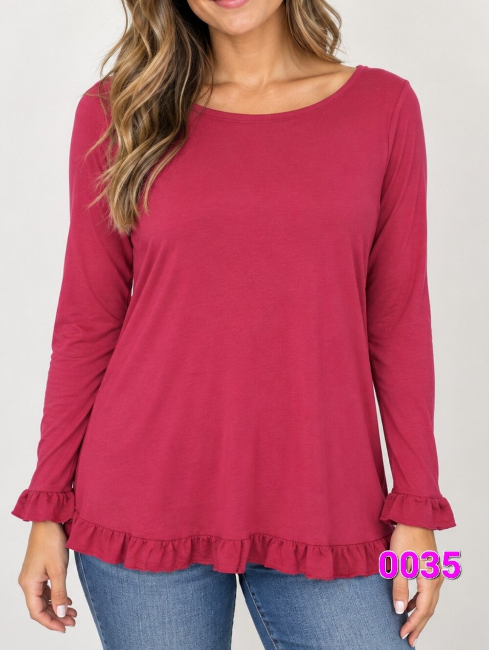 LOFT Berry Pink Long Sleeve Ruffle Hem Tee Size Medium